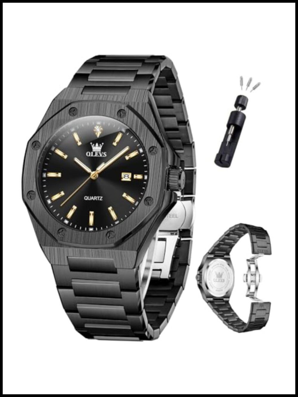 Mens Octagonal Quartz Dress Watch Stainless Steel Luminous Waterproof 42mm